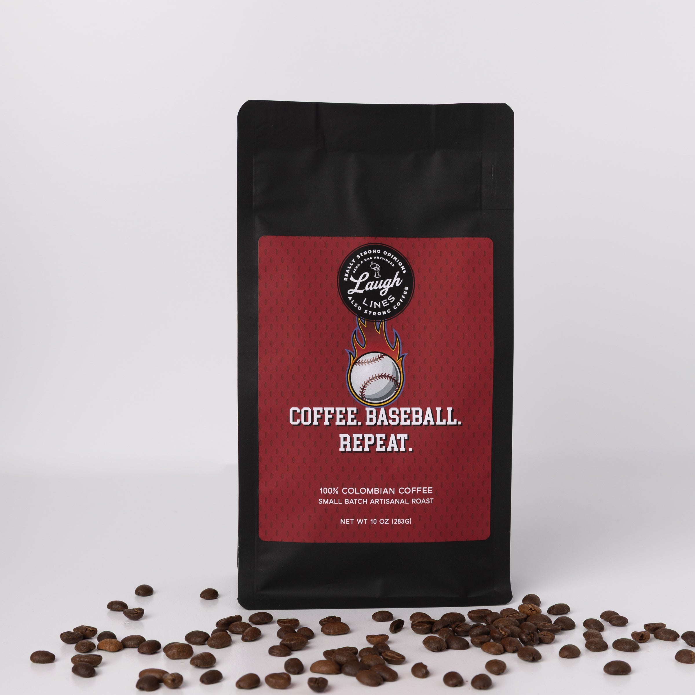 Coffee bag with red label text that says, "Coffee. Baseball. Repeat," and baseball graphic on a white background