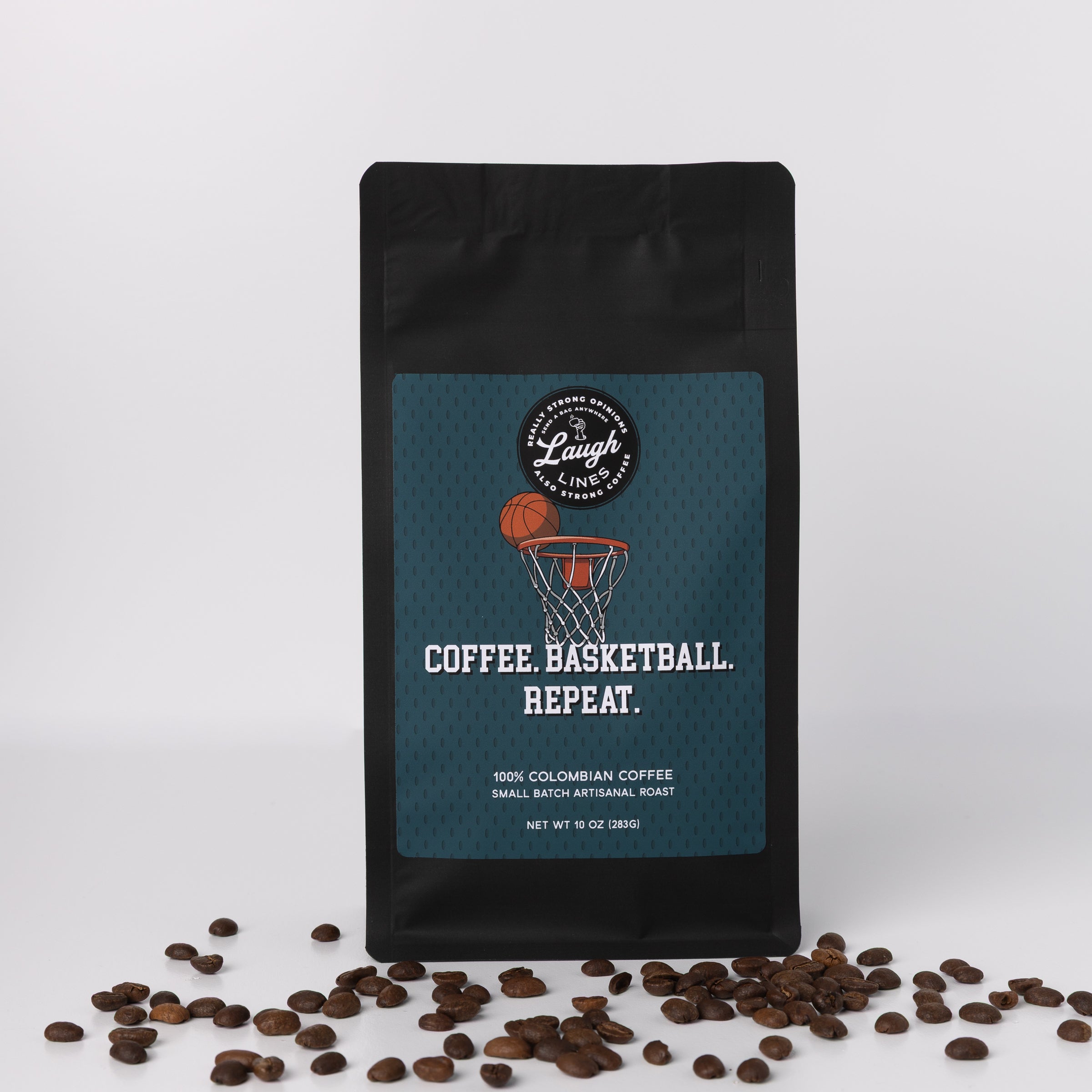 Coffee bag with 'Coffee. Basketball. Repeat.' text and coffee beans on a white background