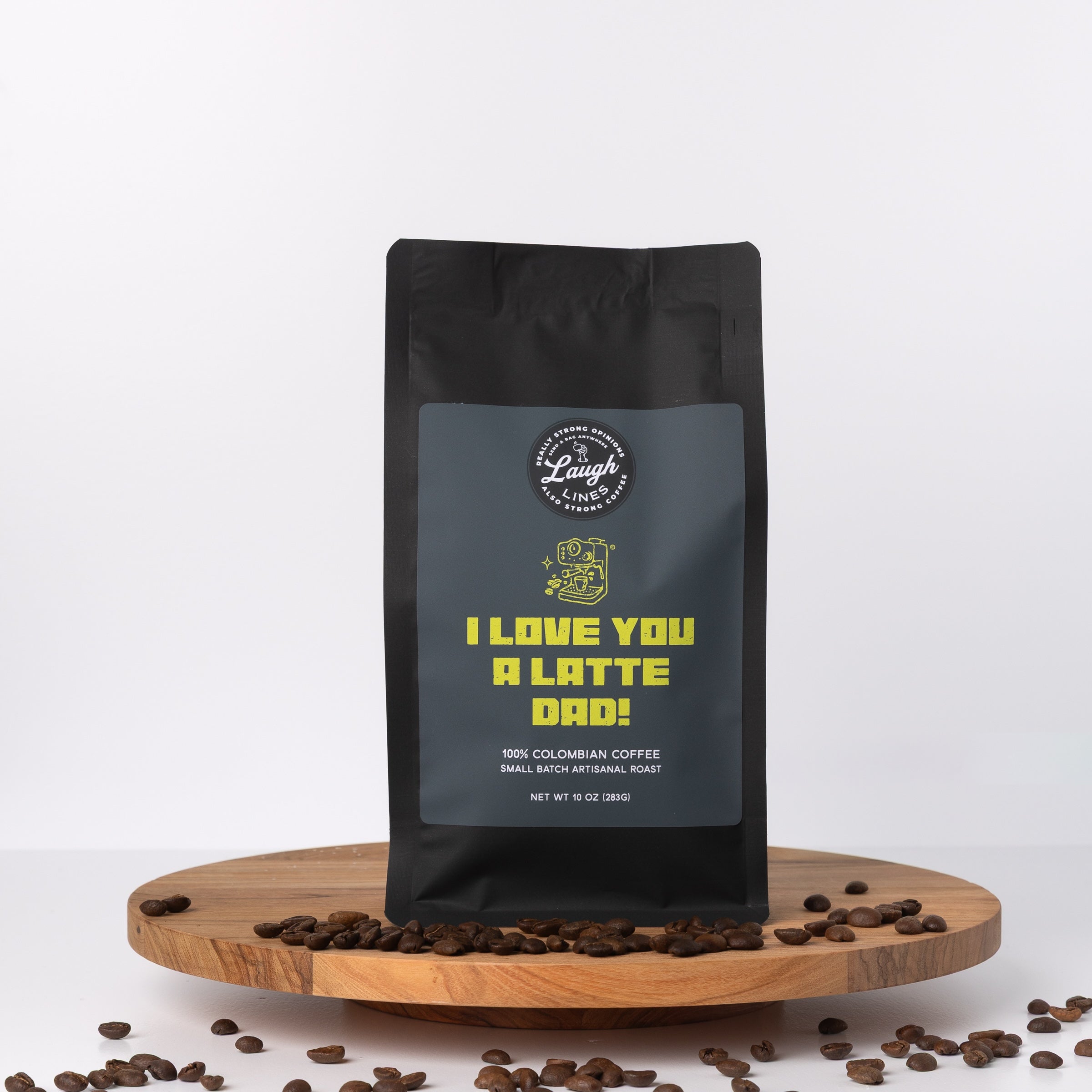 Black coffee bag with 'I Love You a Latte Dad!' text on a white background