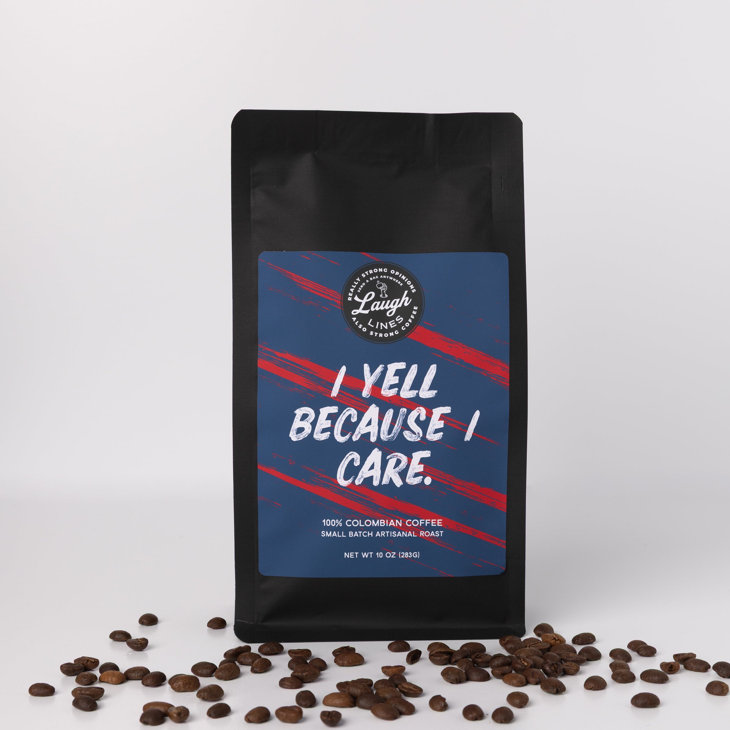 Coffee bag with 'I Yell Because I Care' text and coffee beans on a white background