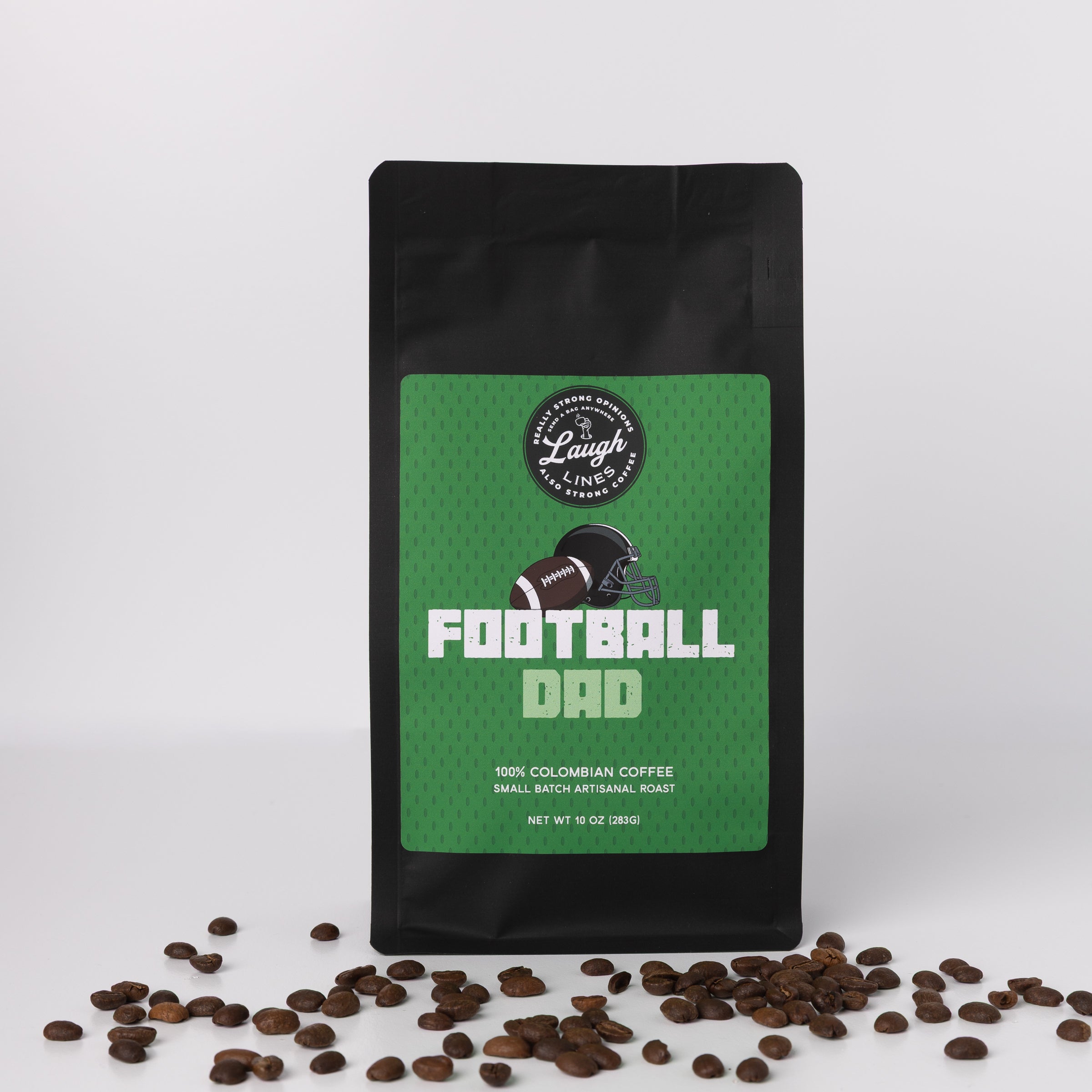 Coffee bag labeled 'Football Dad' with coffee beans on a white background