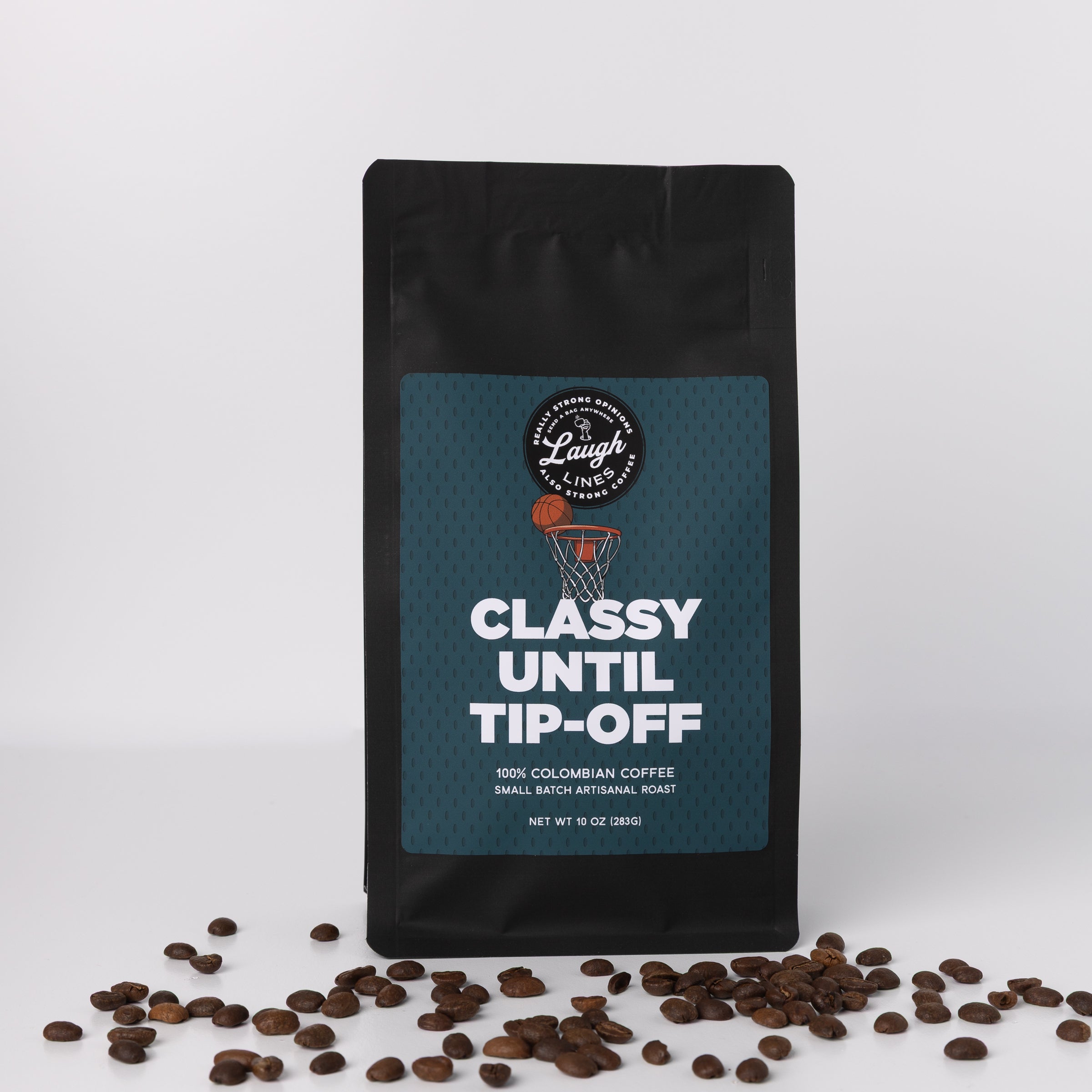Coffee bag with 'Classy Until Tip-Off' text and coffee beans on a white background
