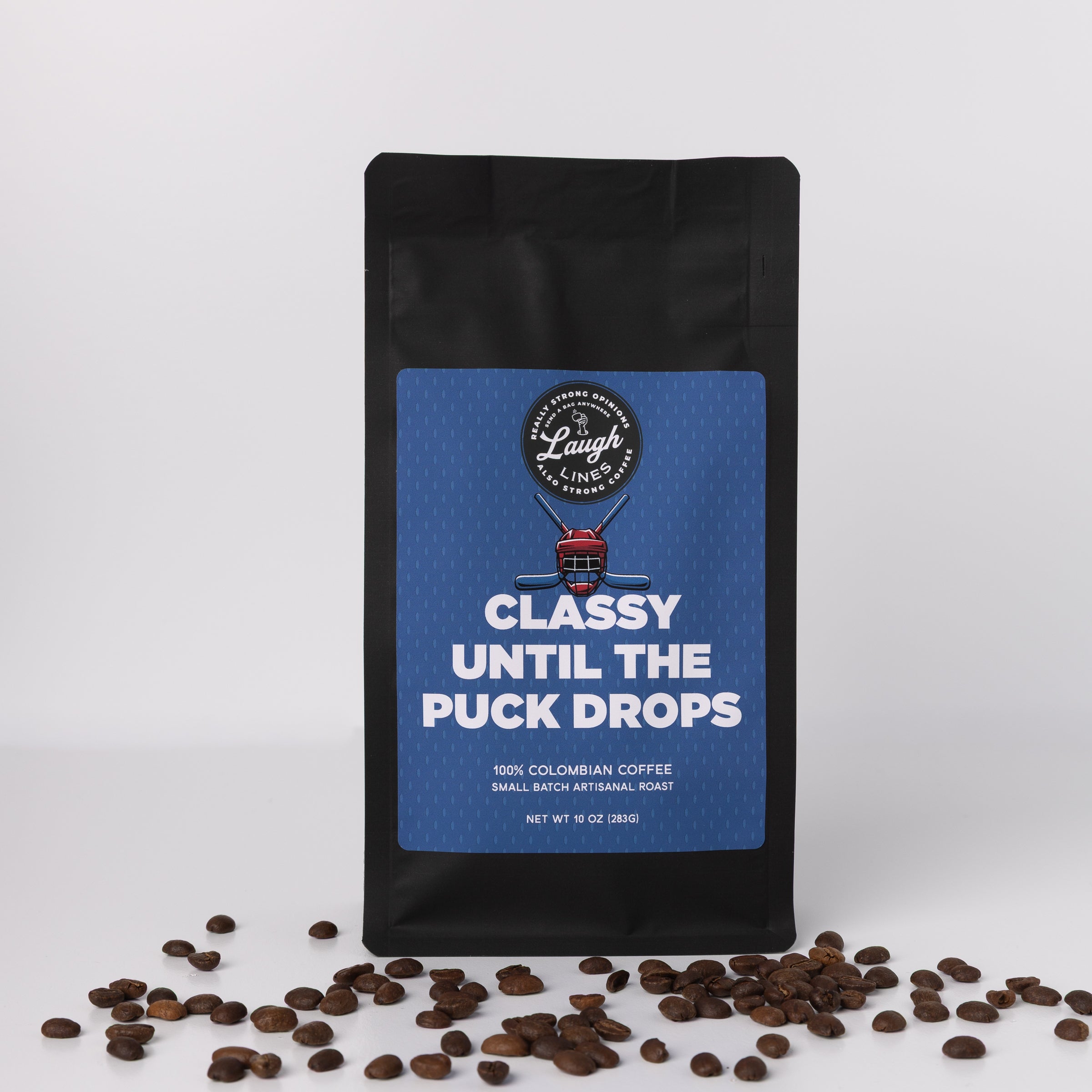 Coffee bag with 'Classy Until The Puck Drops' text and coffee beans on a white background