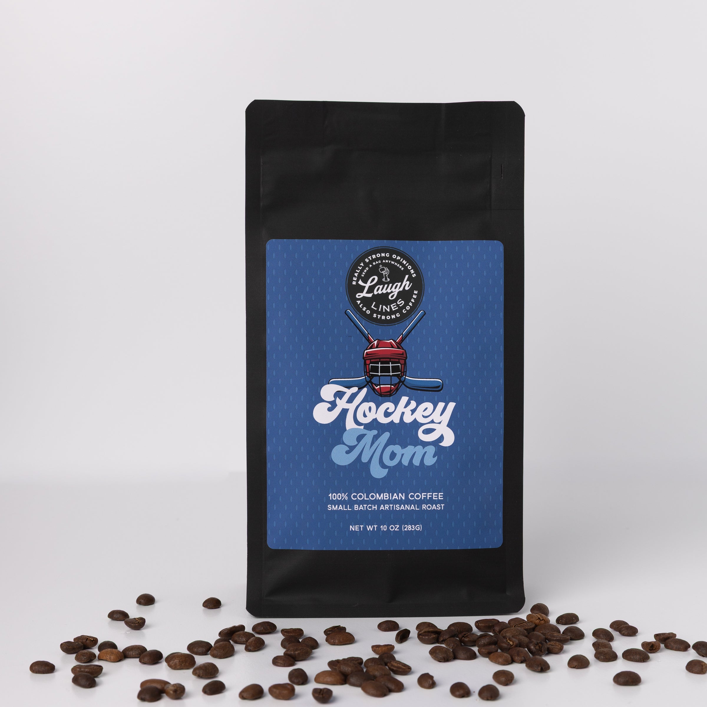 Coffee bag labeled 'Hockey Mom' with coffee beans on a white background