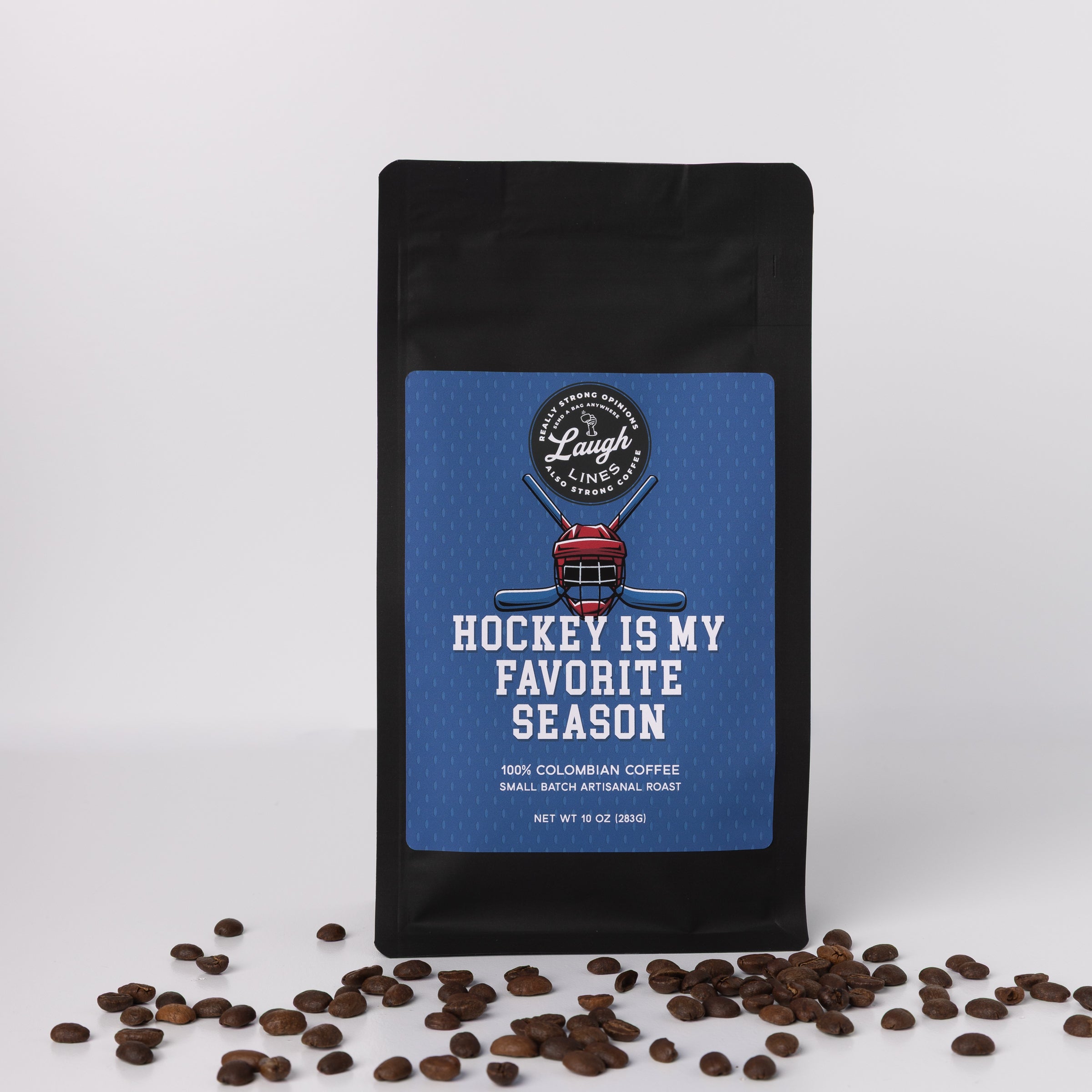Coffee bag with 'Hockey is my Favorite Season' text and coffee beans on a white background