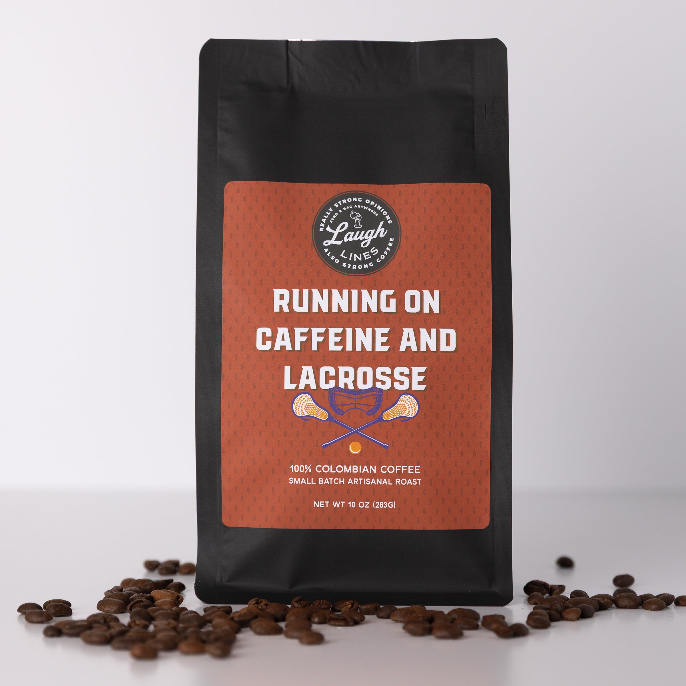 Coffee bag with 'Running on Caffeine and Lacrosse' text and coffee beans on a white background