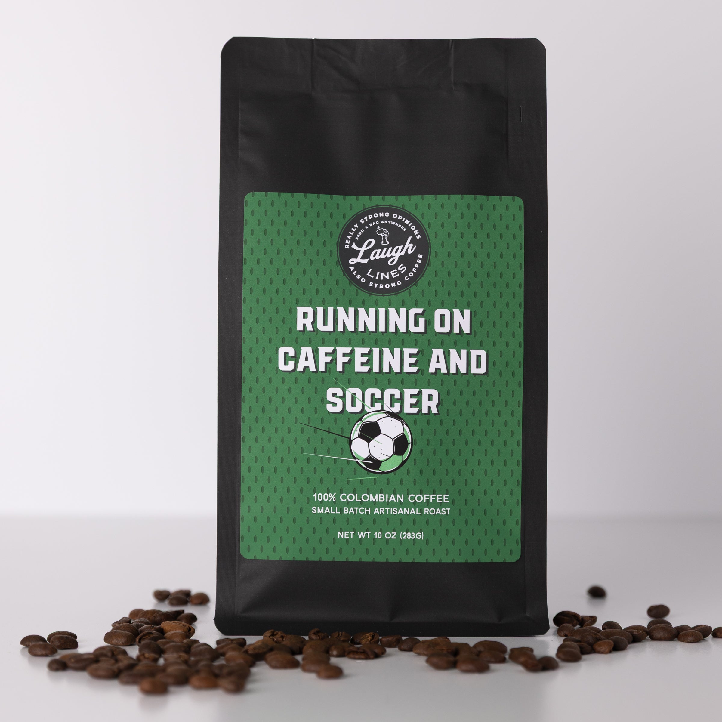 Coffee bag with 'Running on Caffeine and Soccer' text and a soccer ball graphic, surrounded by coffee beans.