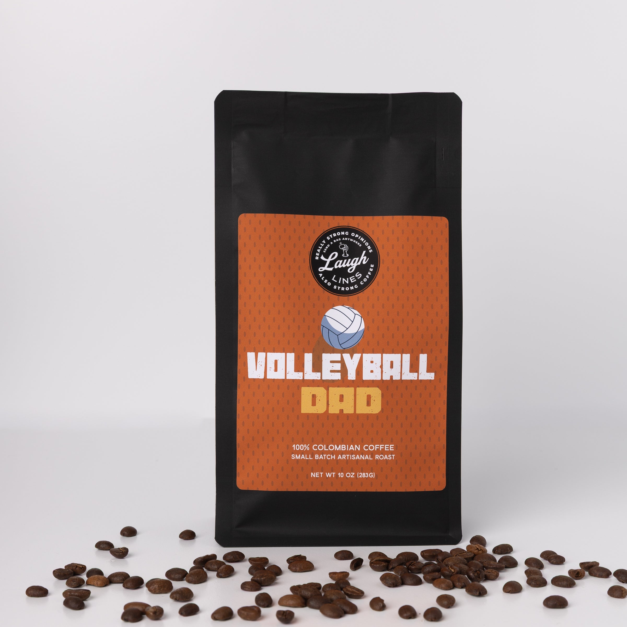 Coffee bag labeled 'Volleyball Dad' with coffee beans on a light gray background