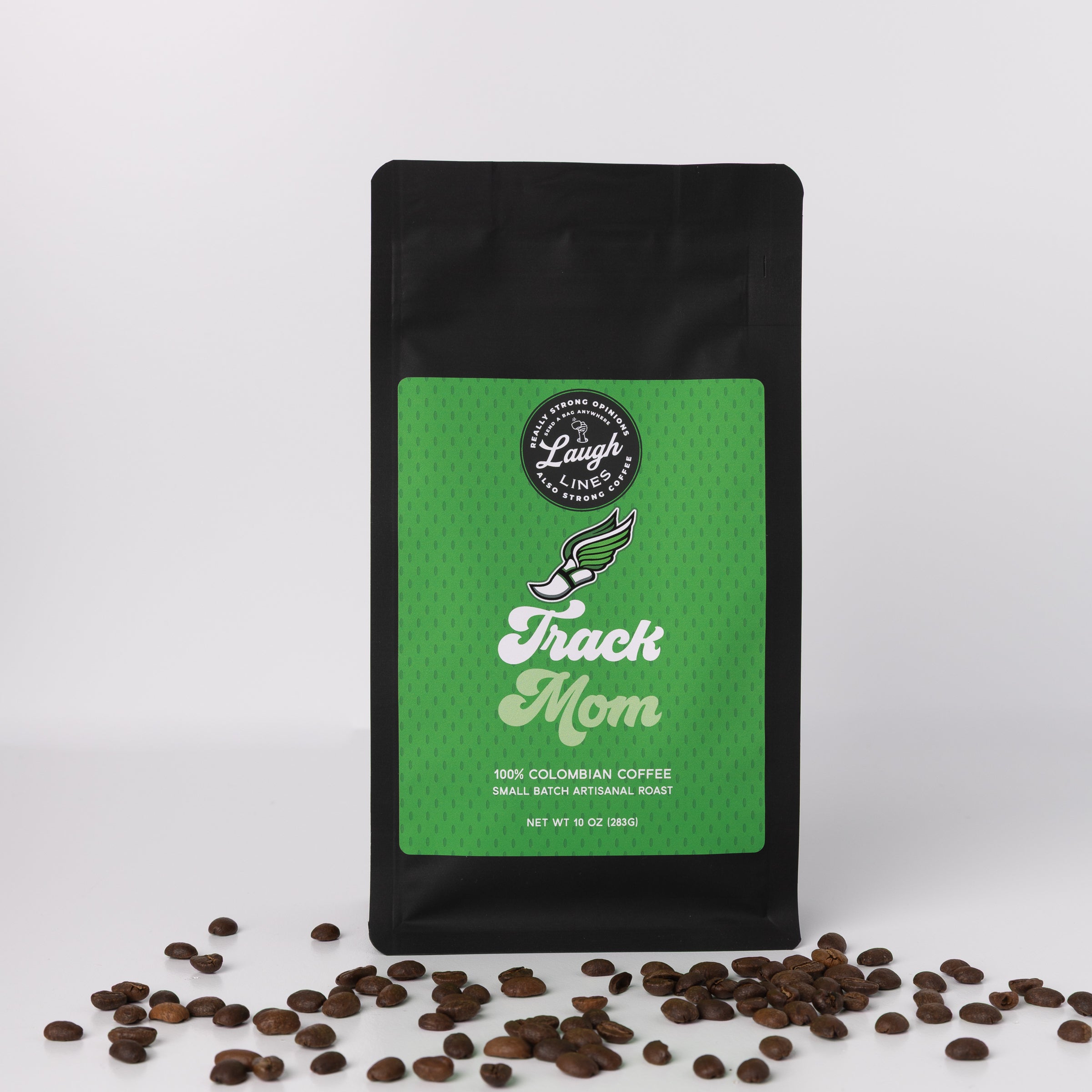 Coffee bag labeled 'Track Mom' with coffee beans on a white background