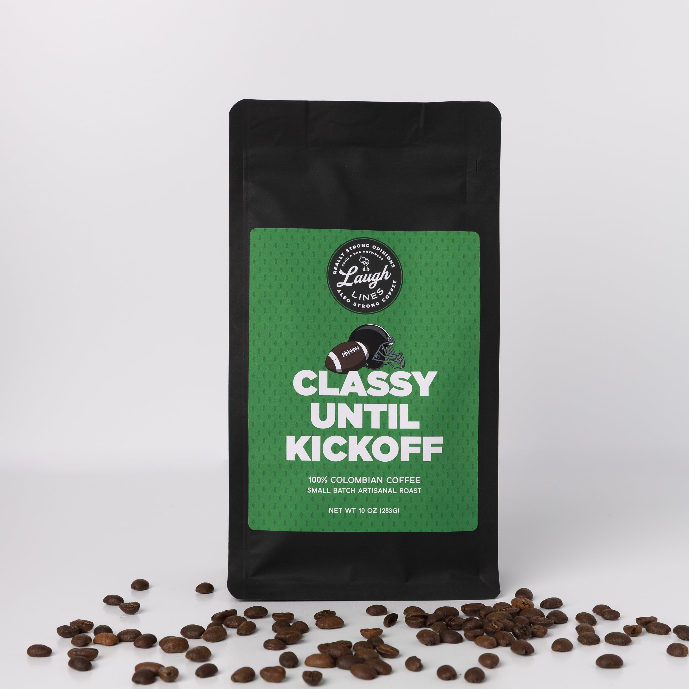 Coffee bag with 'Classy Until Kickoff' text and coffee beans on a white background with a football graphic