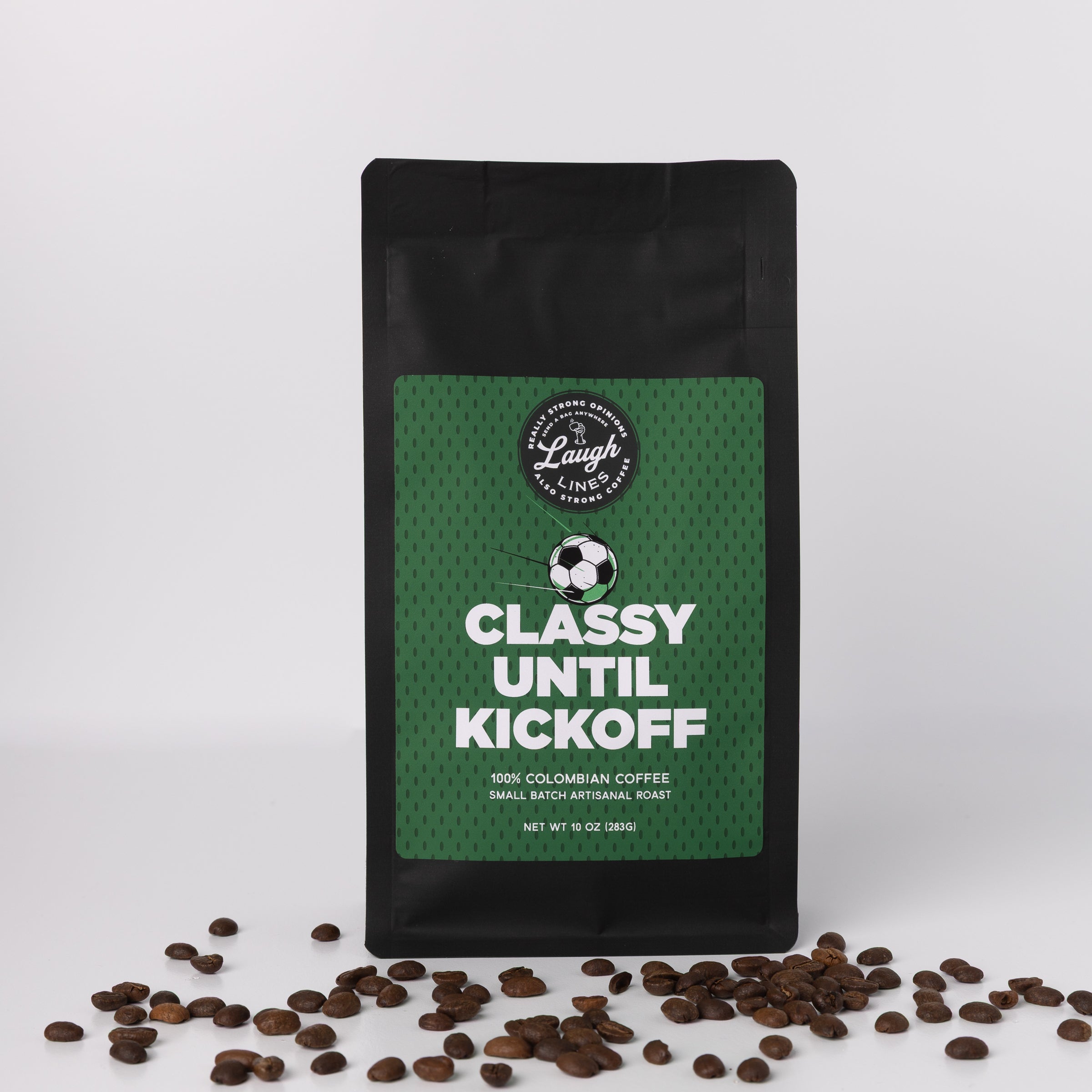 Coffee bag labeled 'Classy Until Kickoff' with coffee beans on a white background with a soccer ball
