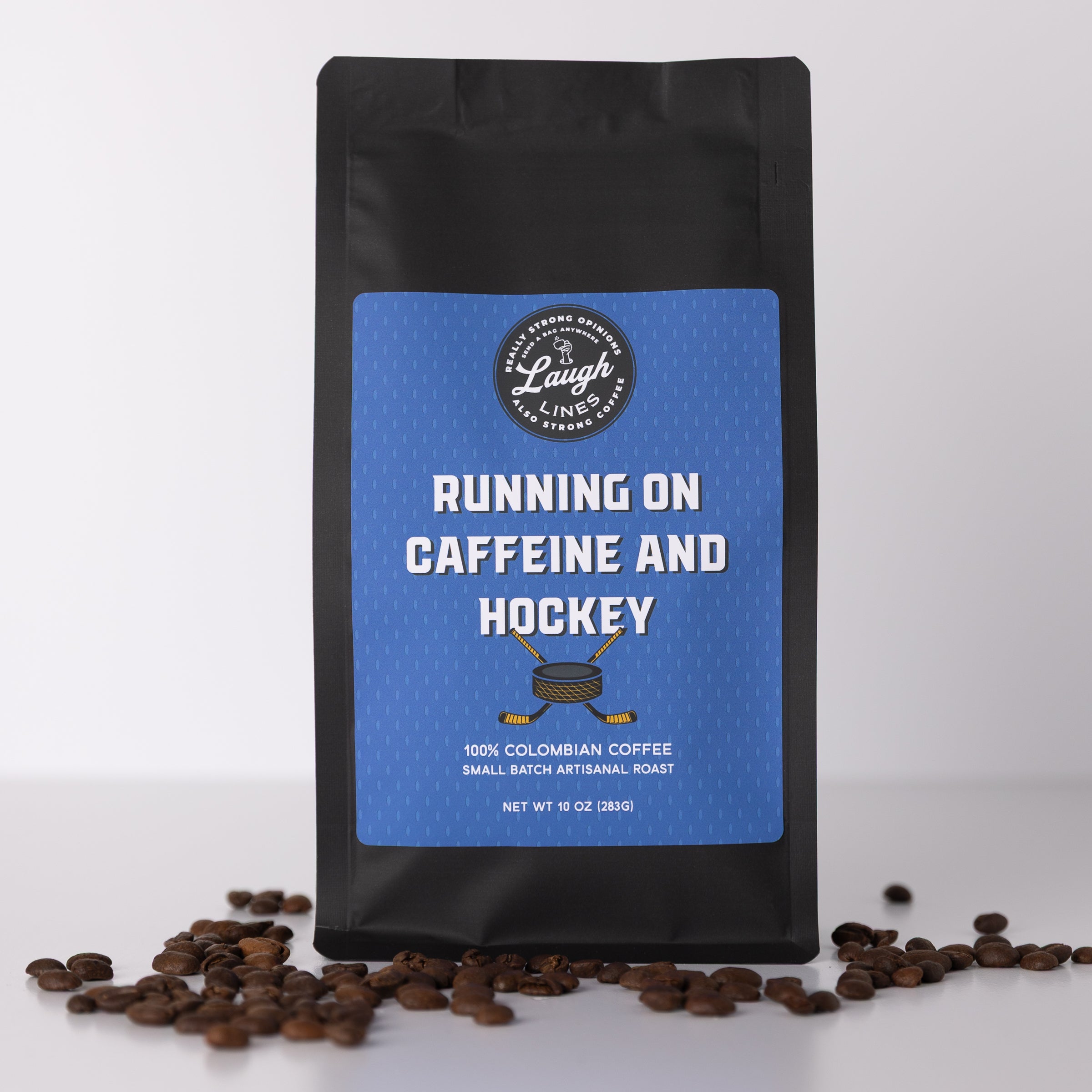 Coffee bag with 'Running on Caffeine and Hockey' text and coffee beans on a white background