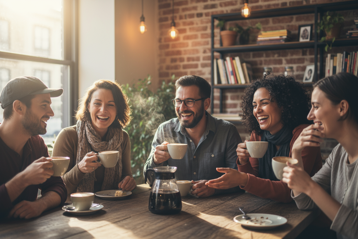 people laughing while drinking coffee
