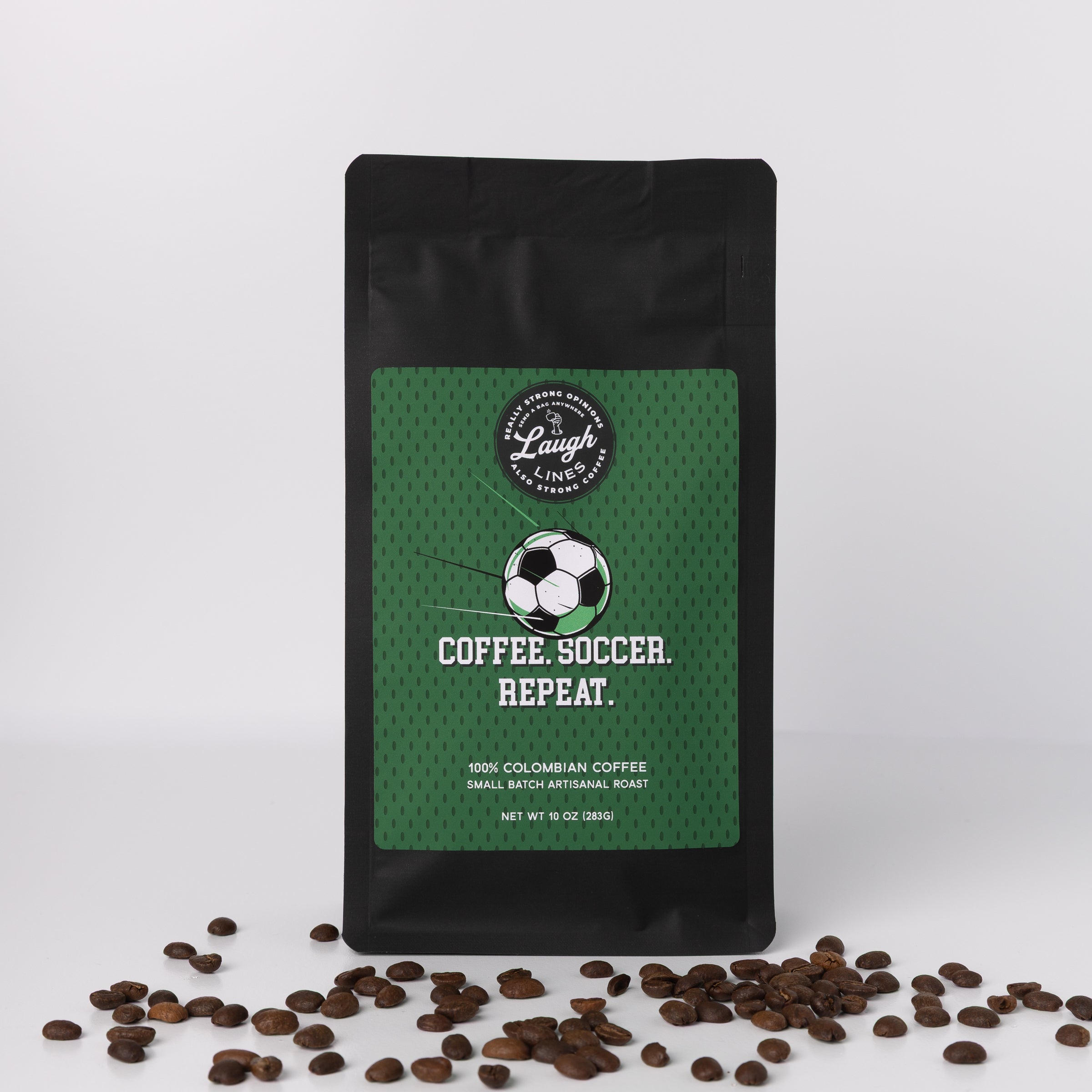 Coffee bag with a soccer ball design and  Coffee. Soccer. Repeat text on a white background