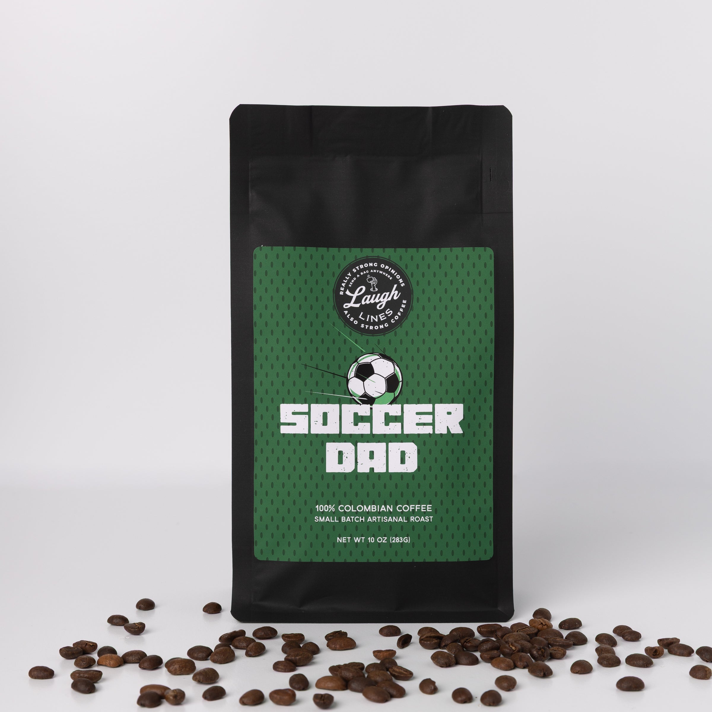 Coffee bag labeled 'Soccer Dad' with coffee beans on a white background